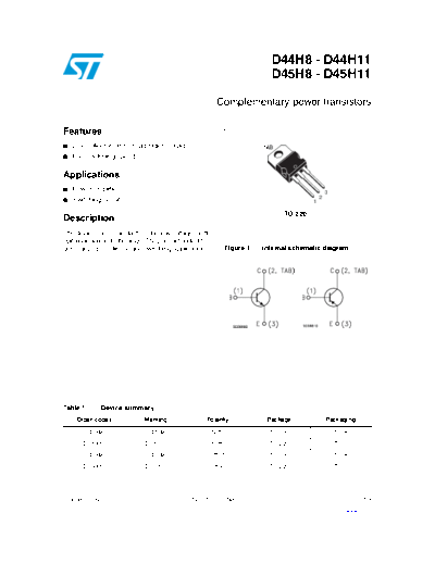 ST d44h8 d44h11 d45h8 d45h11  . Electronic Components Datasheets Active components Transistors ST d44h8_d44h11_d45h8_d45h11.pdf