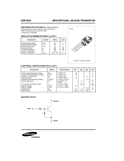 Samsung ksr1005  . Electronic Components Datasheets Active components Transistors Samsung ksr1005.pdf