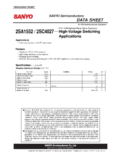 Sanyo 2sa1552 2sc4027  . Electronic Components Datasheets Active components Transistors Sanyo 2sa1552_2sc4027.pdf