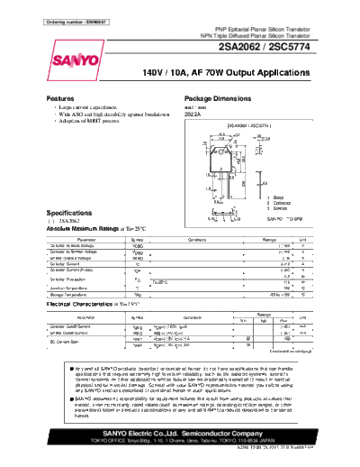 Sanyo 2sa2062  . Electronic Components Datasheets Active components Transistors Sanyo 2sa2062.pdf