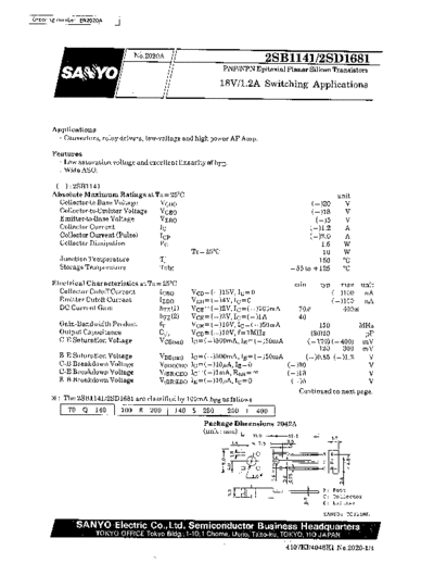 Sanyo 2sb1141  . Electronic Components Datasheets Active components Transistors Sanyo 2sb1141.pdf