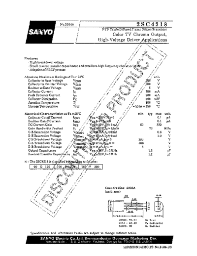 Sanyo 2sc4218  . Electronic Components Datasheets Active components Transistors Sanyo 2sc4218.pdf