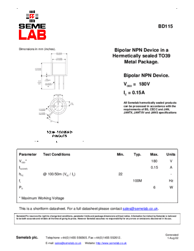 Semelab bd115  . Electronic Components Datasheets Active components Transistors Semelab bd115.pdf