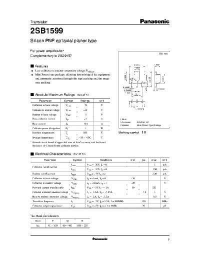 Panasonic 2sb1599  . Electronic Components Datasheets Active components Transistors Panasonic 2sb1599.pdf