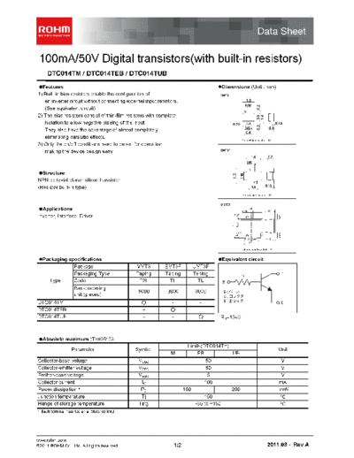 Rohm dtc014teb  . Electronic Components Datasheets Active components Transistors Rohm dtc014teb.pdf