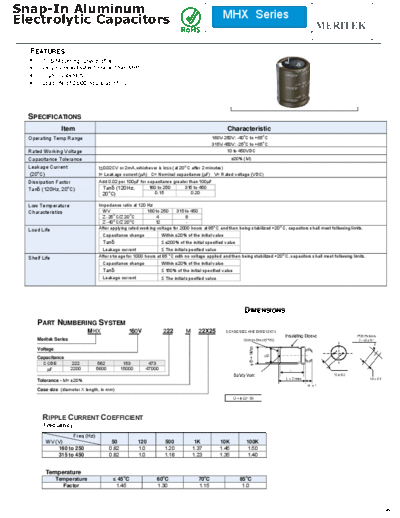 Meritek [snap-in] MHX Series  . Electronic Components Datasheets Passive components capacitors Meritek Meritek [snap-in] MHX Series.pdf
