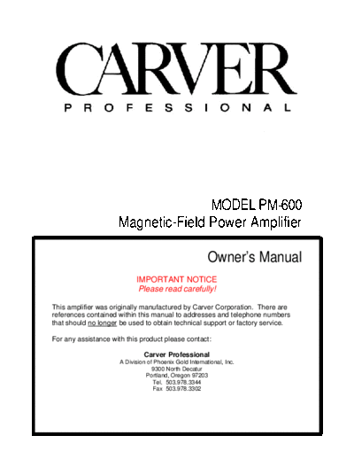 CARVER Carver PM 600 pwr sch  . Rare and Ancient Equipment CARVER PM-600 Carver_PM_600_pwr_sch.pdf