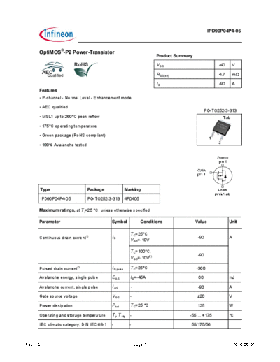 Infineon ipd90p04p4-05 ds 10  . Electronic Components Datasheets Active components Transistors Infineon ipd90p04p4-05_ds_10.pdf
