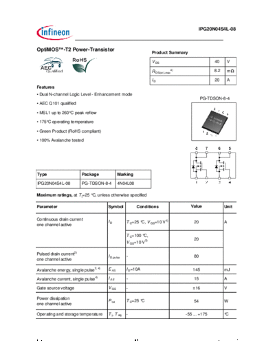 Infineon ipg20n04s4l-08 ds 1 0  . Electronic Components Datasheets Active components Transistors Infineon ipg20n04s4l-08_ds_1_0.pdf