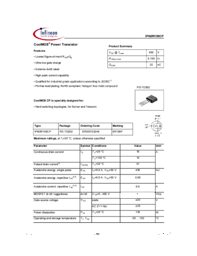 . Electronic Components Datasheets ipi60r199cp rev2.1a  . Electronic Components Datasheets Active components Transistors Infineon ipi60r199cp_rev2.1a.pdf