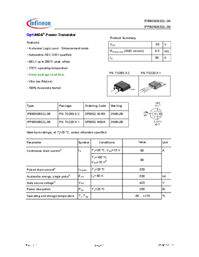 Infineon ipp80n06s2l-06 ipb80n06s2l-06 green  . Electronic Components Datasheets Active components Transistors Infineon ipp80n06s2l-06_ipb80n06s2l-06_green.pdf