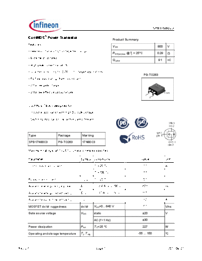 Infineon spb17n80c3 rev2.5 ratio  . Electronic Components Datasheets Active components Transistors Infineon spb17n80c3_rev2.5_ratio.pdf