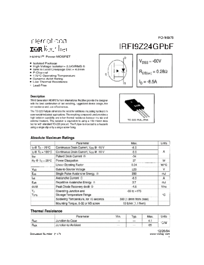 International Rectifier irfi9z24gpbf  . Electronic Components Datasheets Active components Transistors International Rectifier irfi9z24gpbf.pdf