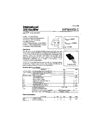 International Rectifier irfi840glc  . Electronic Components Datasheets Active components Transistors International Rectifier irfi840glc.pdf