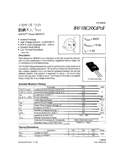 International Rectifier irfibe20gpbf  . Electronic Components Datasheets Active components Transistors International Rectifier irfibe20gpbf.pdf