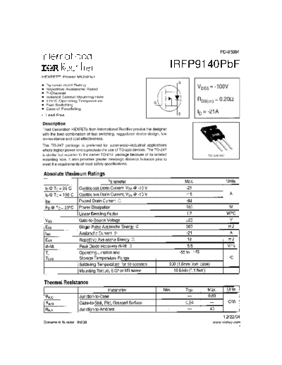 International Rectifier irfp9140pbf  . Electronic Components Datasheets Active components Transistors International Rectifier irfp9140pbf.pdf