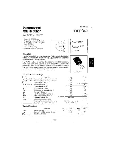 International Rectifier irfpc40  . Electronic Components Datasheets Active components Transistors International Rectifier irfpc40.pdf
