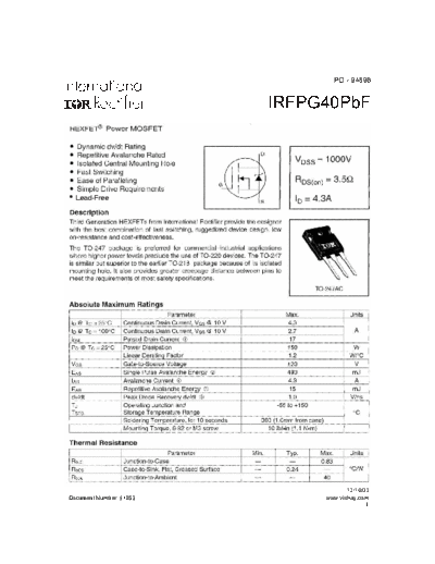 International Rectifier irfpg40  . Electronic Components Datasheets Active components Transistors International Rectifier irfpg40.pdf