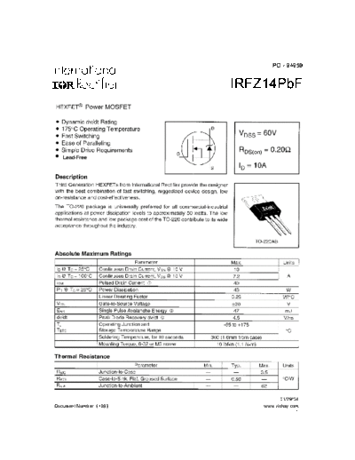 International Rectifier irfz14pbf  . Electronic Components Datasheets Active components Transistors International Rectifier irfz14pbf.pdf