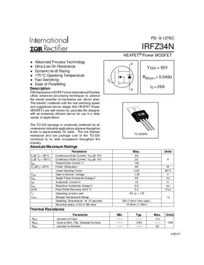 International Rectifier irfz34n  . Electronic Components Datasheets Active components Transistors International Rectifier irfz34n.pdf