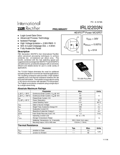 International Rectifier irli2203n  . Electronic Components Datasheets Active components Transistors International Rectifier irli2203n.pdf