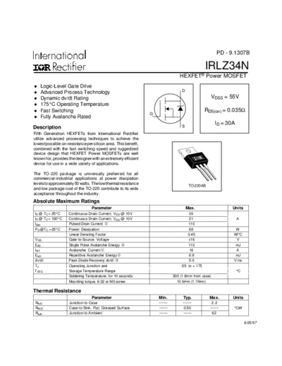 International Rectifier irlz34n  . Electronic Components Datasheets Active components Transistors International Rectifier irlz34n.pdf