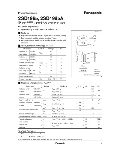 Panasonic 2sd1985  . Electronic Components Datasheets Active components Transistors Panasonic 2sd1985.pdf