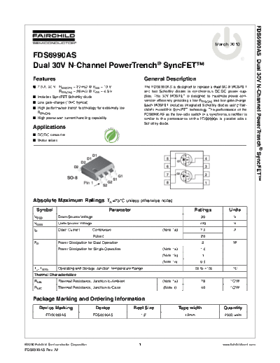 Fairchild Semiconductor fds6990as  . Electronic Components Datasheets Active components Transistors Fairchild Semiconductor fds6990as.pdf
