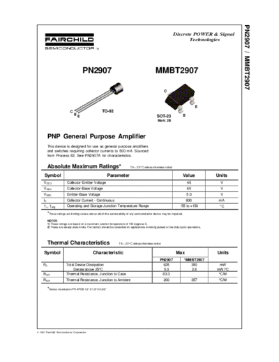 Fairchild Semiconductor mmbt2907 pn2907  . Electronic Components Datasheets Active components Transistors Fairchild Semiconductor mmbt2907_pn2907.pdf