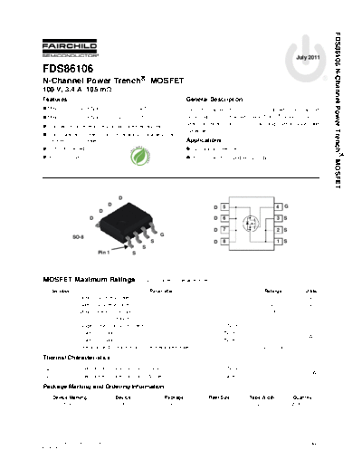 Fairchild Semiconductor fds86106  . Electronic Components Datasheets Active components Transistors Fairchild Semiconductor fds86106.pdf