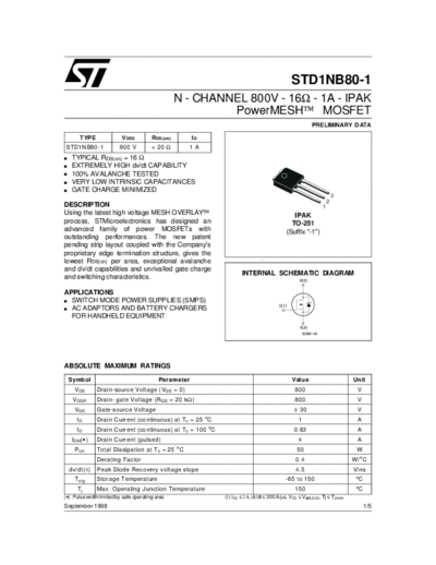 ST std1nb80-1  . Electronic Components Datasheets Active components Transistors ST std1nb80-1.pdf