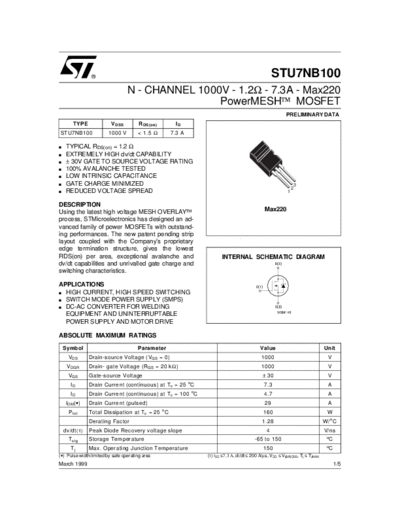 ST u7nb100  . Electronic Components Datasheets Active components Transistors ST stu7nb100.pdf