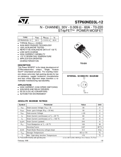 ST p60ne03l-12  . Electronic Components Datasheets Active components Transistors ST stp60ne03l-12.pdf