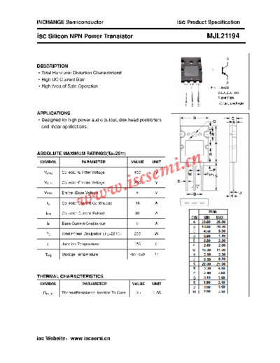 Inchange Semiconductor mjl21194  . Electronic Components Datasheets Active components Transistors Inchange Semiconductor mjl21194.pdf