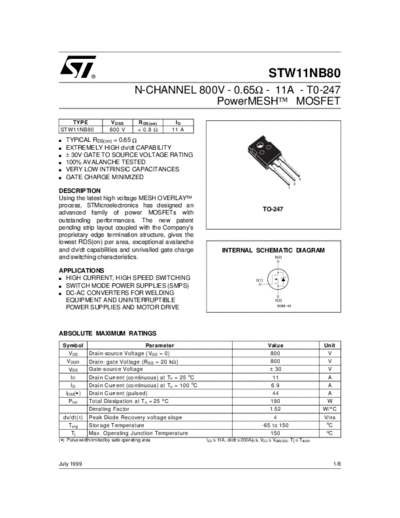 ST stw11nb80  . Electronic Components Datasheets Active components Transistors ST stw11nb80.pdf