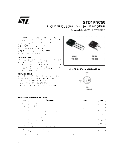 ST std1hnc60  . Electronic Components Datasheets Active components Transistors ST std1hnc60.pdf