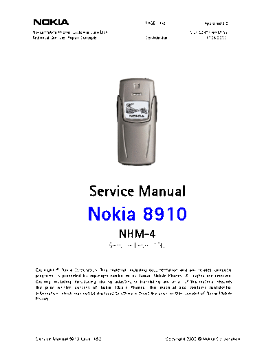 NOKIA Service manual 8910 level2 v3.0  NOKIA Mobile Phone Nokia_8910_8910i Service_manual_8910_level2_v3.0.pdf