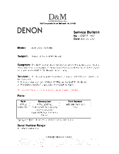 DENON Service Bulletin OST-F1167  DENON AV Surround Receiver AV Surround Receiver Denon - AVR-2106 & 886 Service Bulletin OST-F1167.PDF