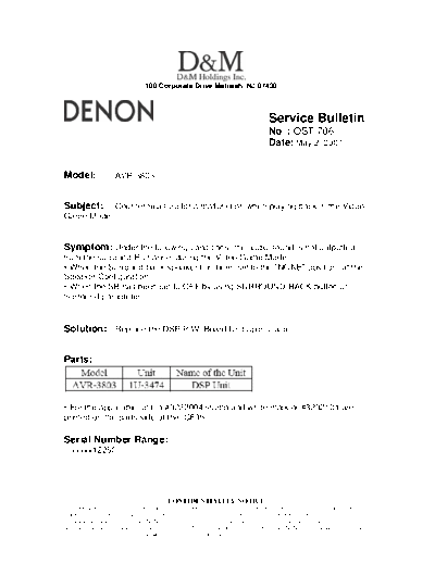 DENON Service Bulletin OST-706  DENON AV Surround Receiver AV Surround Receiver Denon - AVR-3803 & 1083 Service Bulletin OST-706.PDF