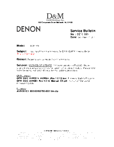 DENON Service Bulletin DZ10-089  DENON AV Surround Receiver AV Surround Receiver Denon - AVR-991 Service Bulletin DZ10-089.PDF