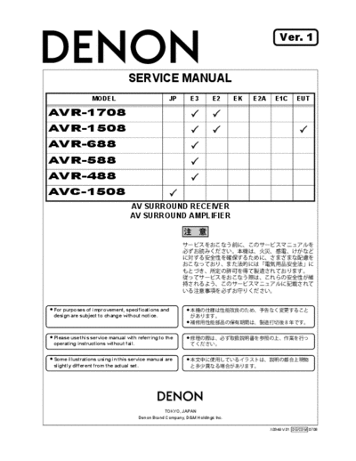 DENON  AVR-1708 & 1508 & 688 & 588 & 488 & AVC-1508 Ver. 1  DENON AV Surround Receiver & Amplifier AV Surround Receiver & Amplifier Denon - AVR-1708 & 1508 & 688 & 588 & 488 & AVC-1508  AVR-1708 & 1508 & 688 & 588 & 488 & AVC-1508 Ver. 1.PDF