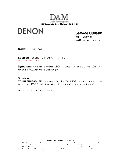 DENON Service Bulletin DZ09-143  DENON Blu-Ray Disk Blu-Ray Disk Denon - DBP-1610 Service Bulletin DZ09-143.PDF