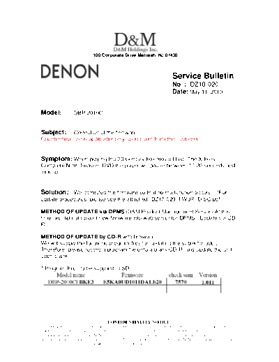 DENON Service Bulletin DZ10-020  DENON Blu-Ray Disk Blu-Ray Disk Denon - DBP-2010CI Service Bulletin DZ10-020.PDF
