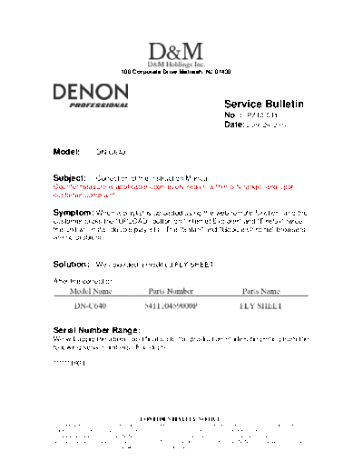 DENON Service Bulletin  PZ10-011  DENON CD Player CD Player Denon - DN-C640 Service Bulletin  PZ10-011.PDF