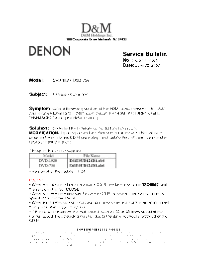 DENON Service Bulletin OST-F1038b  DENON DVD Video Player DVD Video Player Denon - DVD-1920 & 756 Service Bulletin OST-F1038b.PDF