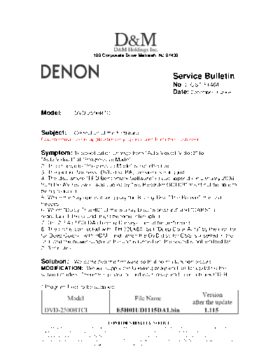 DENON Service Bulletin OST-F1464  DENON DVD Video Player DVD Video Player Denon - DVD-2500BT & 3800BD Service Bulletin OST-F1464.PDF