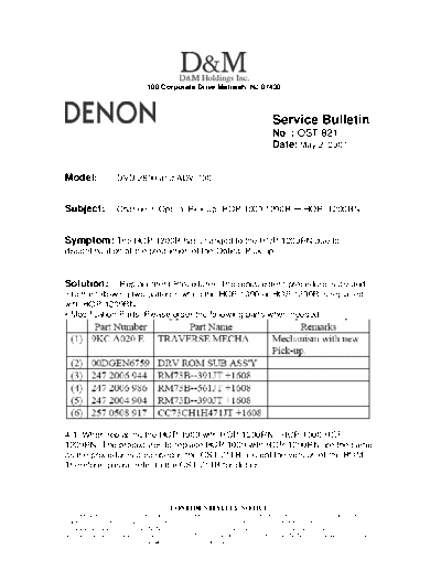 DENON Service Bulletin OST-821  DENON DVD Video Player DVD Video Player Denon - DVD-2800 Service Bulletin OST-821.PDF