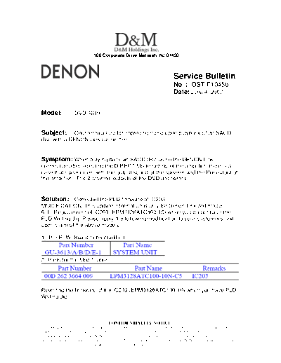 DENON Service Bulletin OST-F1045b  DENON DVD Video Player DVD Video Player Denon - DVD-3910 Service Bulletin OST-F1045b.PDF