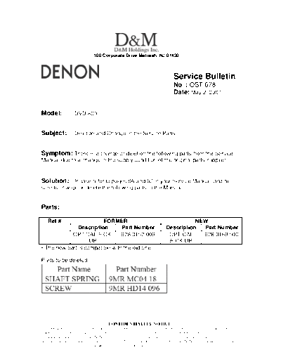 DENON Service Bulletin OST-678  DENON DVD Video Player DVD Video Player Denon - DVD-800 Service Bulletin OST-678.PDF