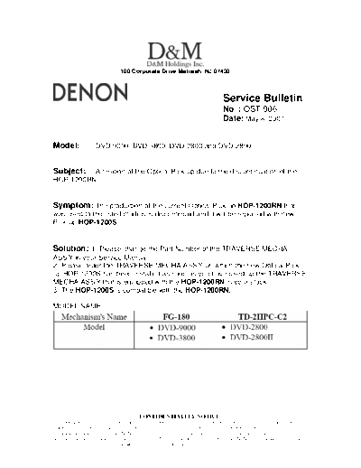 DENON Service Bulletin OST-906  DENON DVD Video Player DVD Video Player Denon - DVD-9000 & DVD-A1 Service Bulletin OST-906.PDF